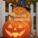 Halloween Orange Kitten with Witch Hat & Pumpkin Jack-o’-Lantern Wall Art Print