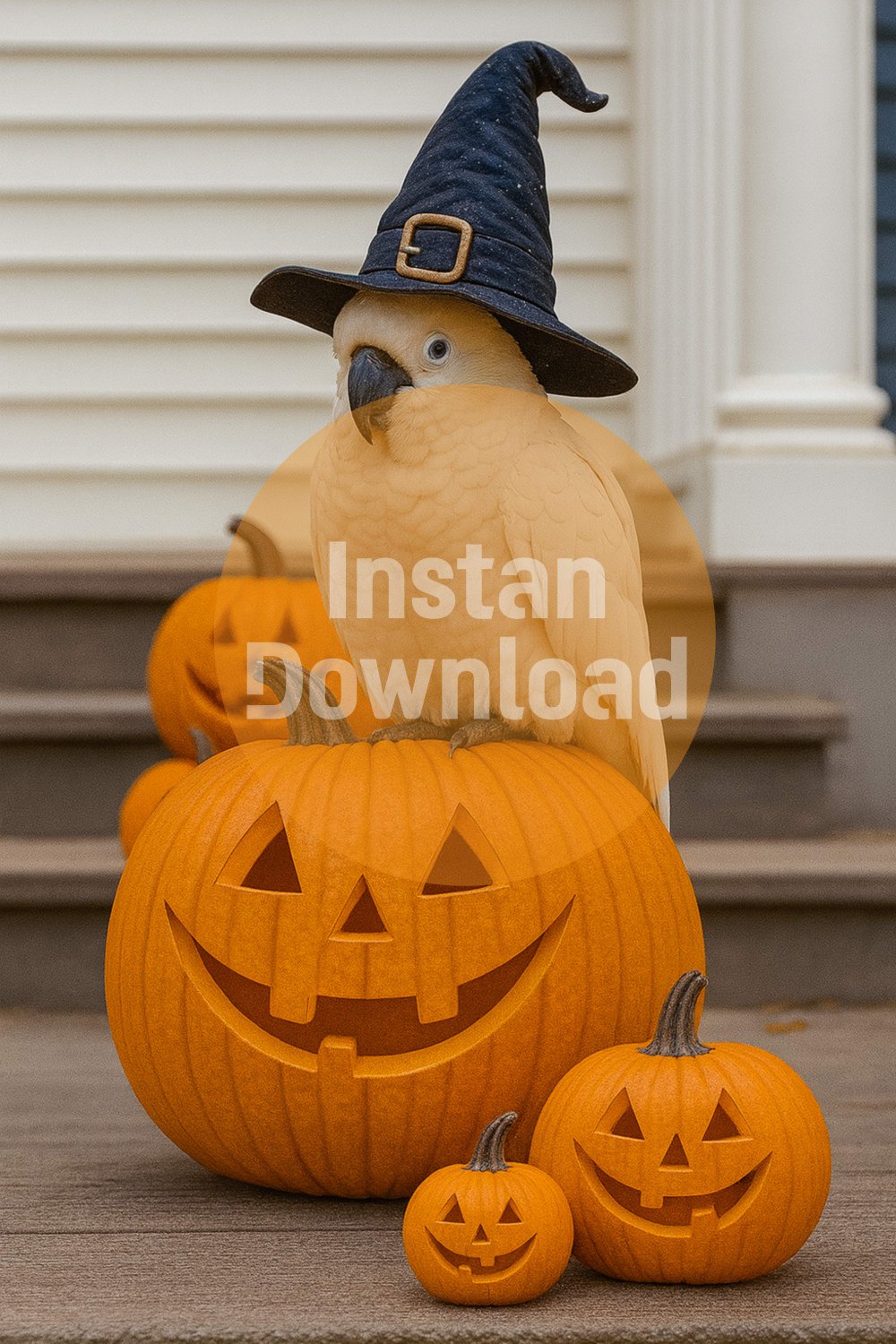 Parrot with Witch Hat & Pumpkins | Cute Halloween Wall Art Digital Print