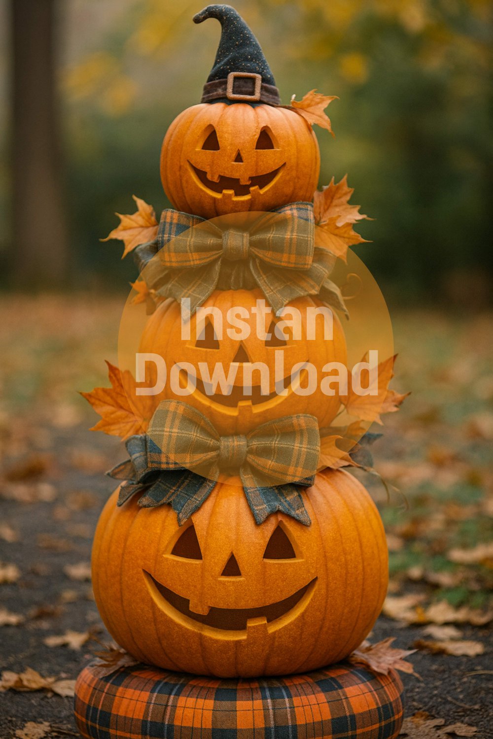 Stacked Pumpkins with Witch Hat & Plaid Bows | Cute Halloween Wall Art