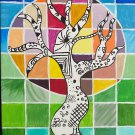 Modern art black and white tree with color block backdrop