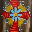 Larger version Red striped cross with blue flower