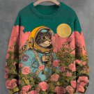 Men's Cat Astronaut In Outer Planet Rose Field Print Knit Sweatshirt