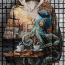 Men's Retro Octopus In The Cafe Watercolor Art Print Hooded Sweatshirt