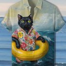 Men's Vacation Black Cat Swimming Oil Painting Print Short Sleeve Shirt