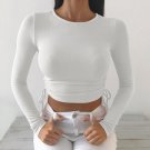 Long Sleeve O Neck Solid Color Crop Top