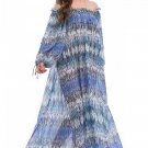 2020 Blue Long Sleeves Beach Dresses Off Shoulder Ruffle Trim Maxi Dress