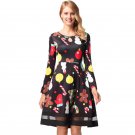 Cartoon Print Mesh Fashion Christmas Dress 2018 Long Sleeve Women Xmas Winter Clothing