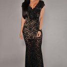 Fashion Long Black Lace Dress Cap Sleeve Deep V-Neck Backless Floor Length Sexy Maxi Dress