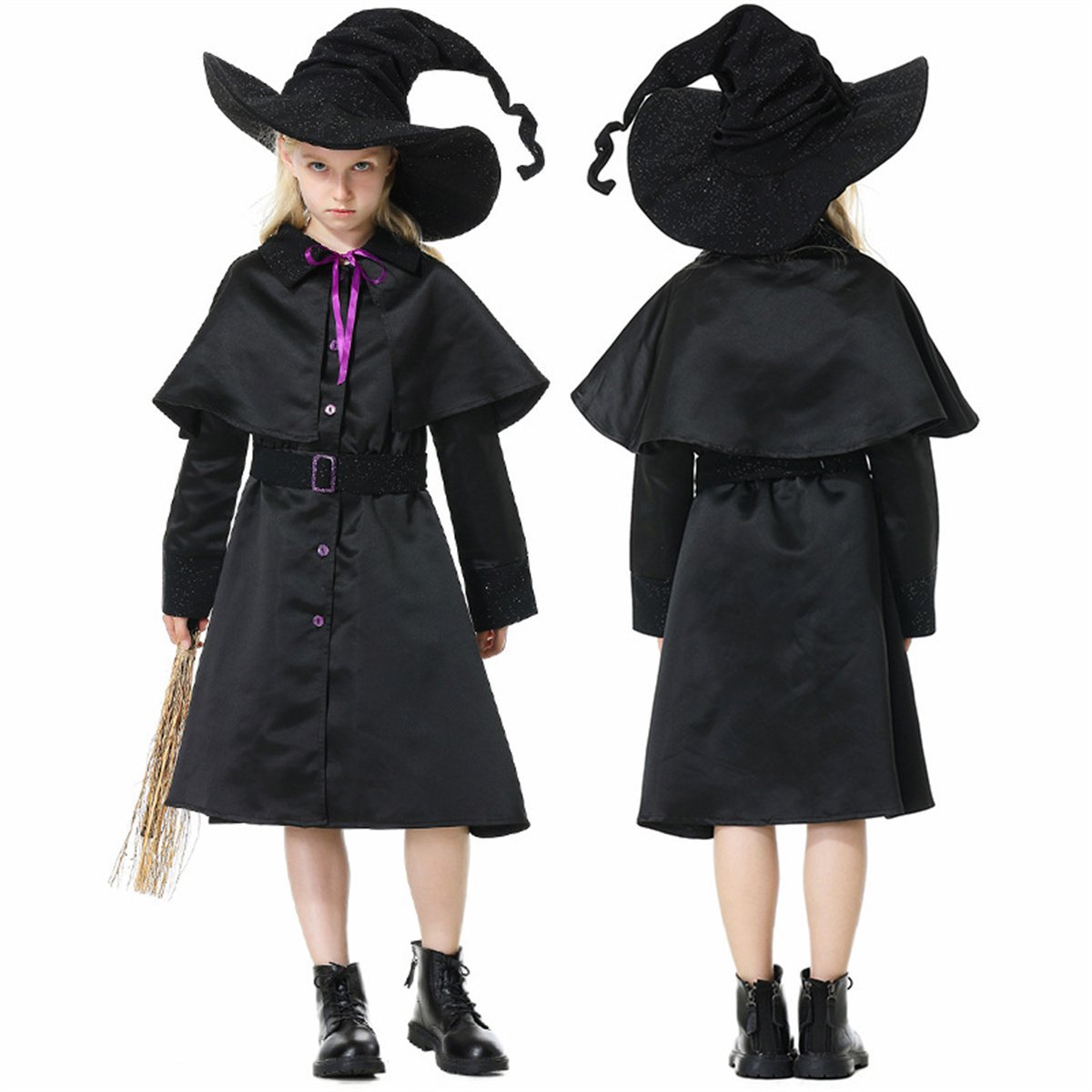 Girls Black Witches Costume Child Wizard Cosplay Uniform Kid Robe Sorcerer Stage Fancy Dress