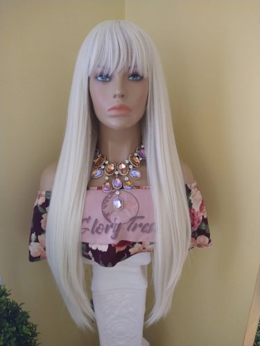 30" China Bangs Full Straight Wig, #60 White Platinum Blonde Human Blend Wig, Glory Tress - CRYSTAL