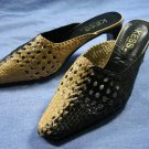 KESS COUTURE BLACK & TAN WOVEN LEATHER MULES 8 M MINT