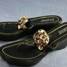 FRANCO SARTO BLACK WEDGE LEOPARD THONG SANDALS 8 M