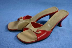 CASADEI $395 RED & TAN SLIDE SANDALS HEEL PUMP 7 M $395