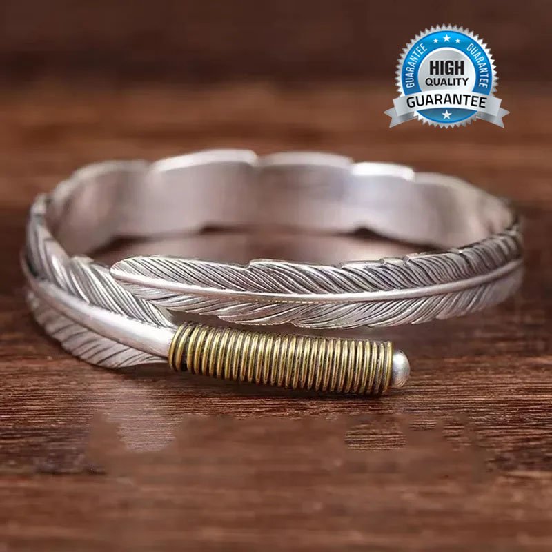 Tang Grass Pattern Feather Bracelet, Men's Trendy, Ancient Silver, Personalized,
