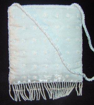 Irridescent Ice Blue Tafetta Beaded, Fringed Evening Bag