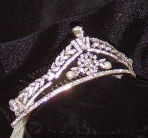 Emerald Cut Elegance Tiara  in rhodium, crystal & pearl by Regina B