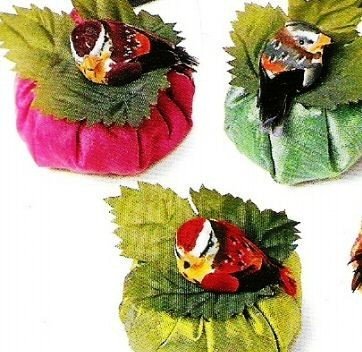 Set of 6 Silk Dupioni Sachets w/ feathered birds