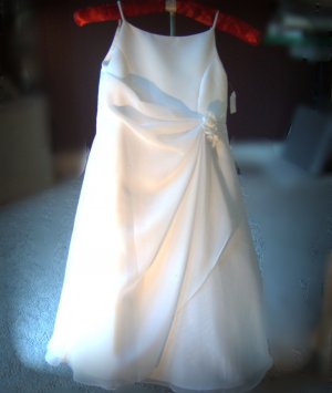 Sarah Louise White Matte Satin & Chiffon Special Occassion Dress w/ Assymetrical drape and beading.