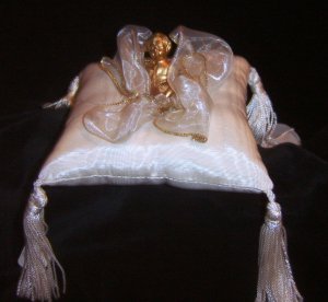 Marcella Collection Angel Topped Ring Bearer Pillow in Off White w/Gold