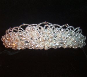 Hannah, pure White Pearl tiara with Roccaille beads & Swarovski Crystals