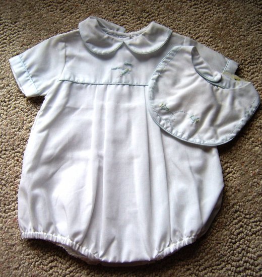 Flying Airplanes White Cotton Batiste Romper with Blue Trim and embroidered Airplanes and Clouds