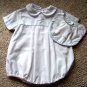 Flying Airplanes White Cotton Batiste Romper with Blue Trim and embroidered Airplanes and Clouds