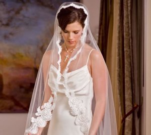 White  Chapel Length Mantilla with Alencon Lace  with custom made Keepsake Bag.
