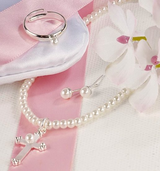 Cross Flower Girl/Communion 3 Piece Jewelry Set in personalized bag.