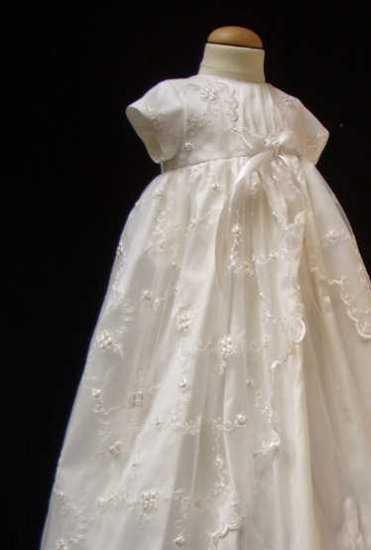 Embroidered English Net and Silk Christening Gown by Sarah Louise in Pure Ivory