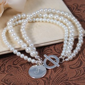 Elegant Moments White Multi-strand Pearl & Silver Personalized Bracelet
