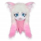 Adorable Kigurumi Cat Head Pink-White Fur Lightblue Eyes Handcrafted Cosplay Costume