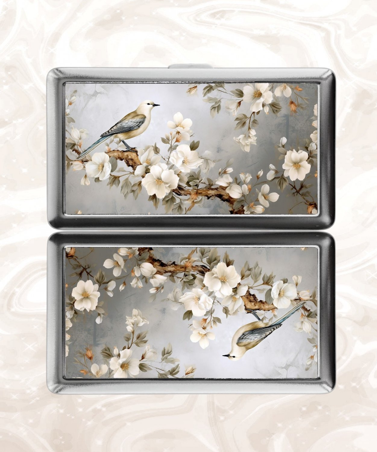 Bird and Blossoms Cigarette Case Metal Wallet Business ID Credit Card Money Clip Holder