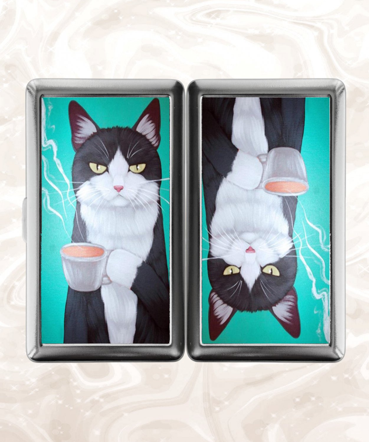 Coffee Cat Cigarette Case Metal Wallet Business ID Credit Card Money Clip Holder