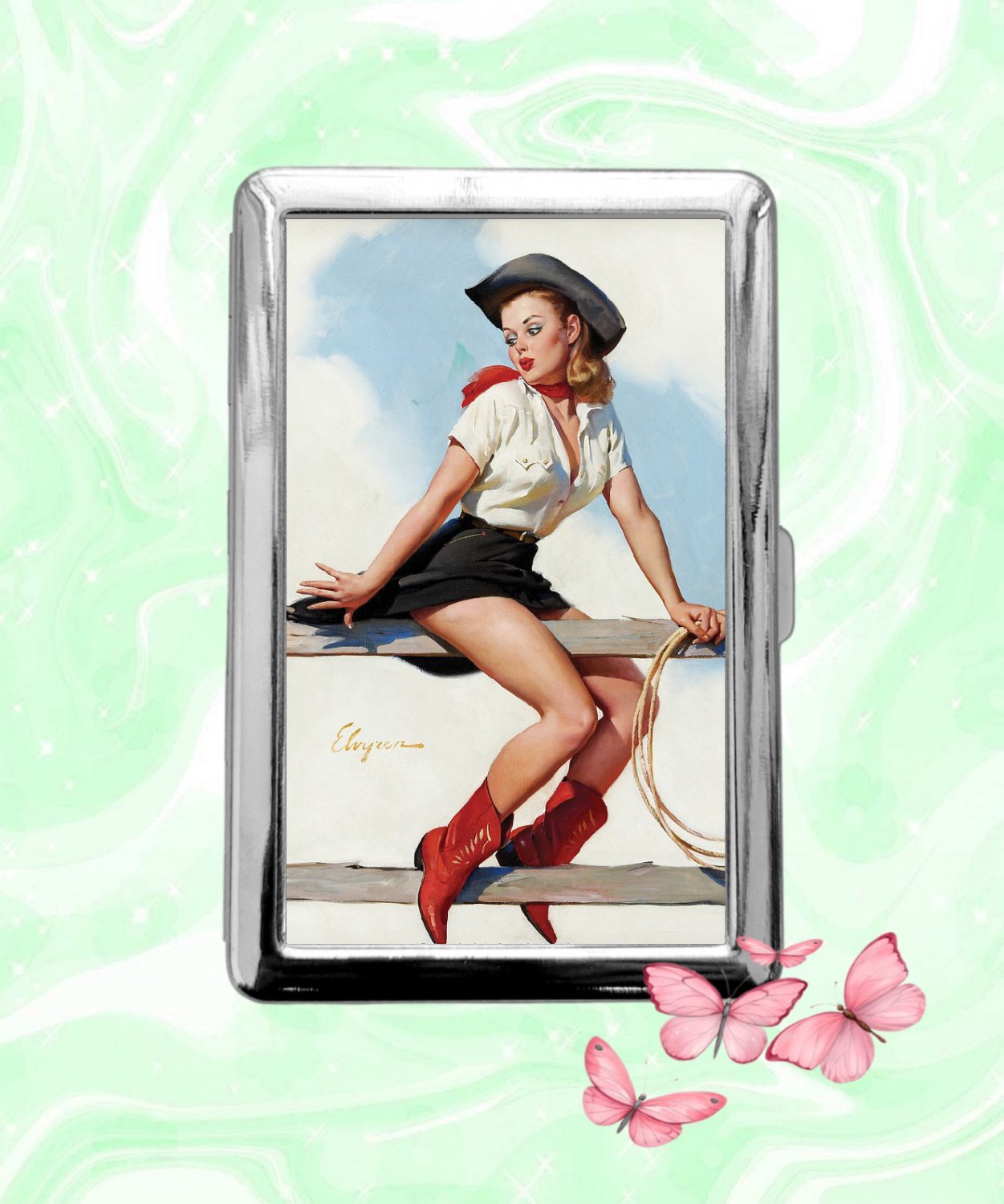 pinup girl with monkey Cigarette Case Metal Wallet ID Business Credit Card Money Holder