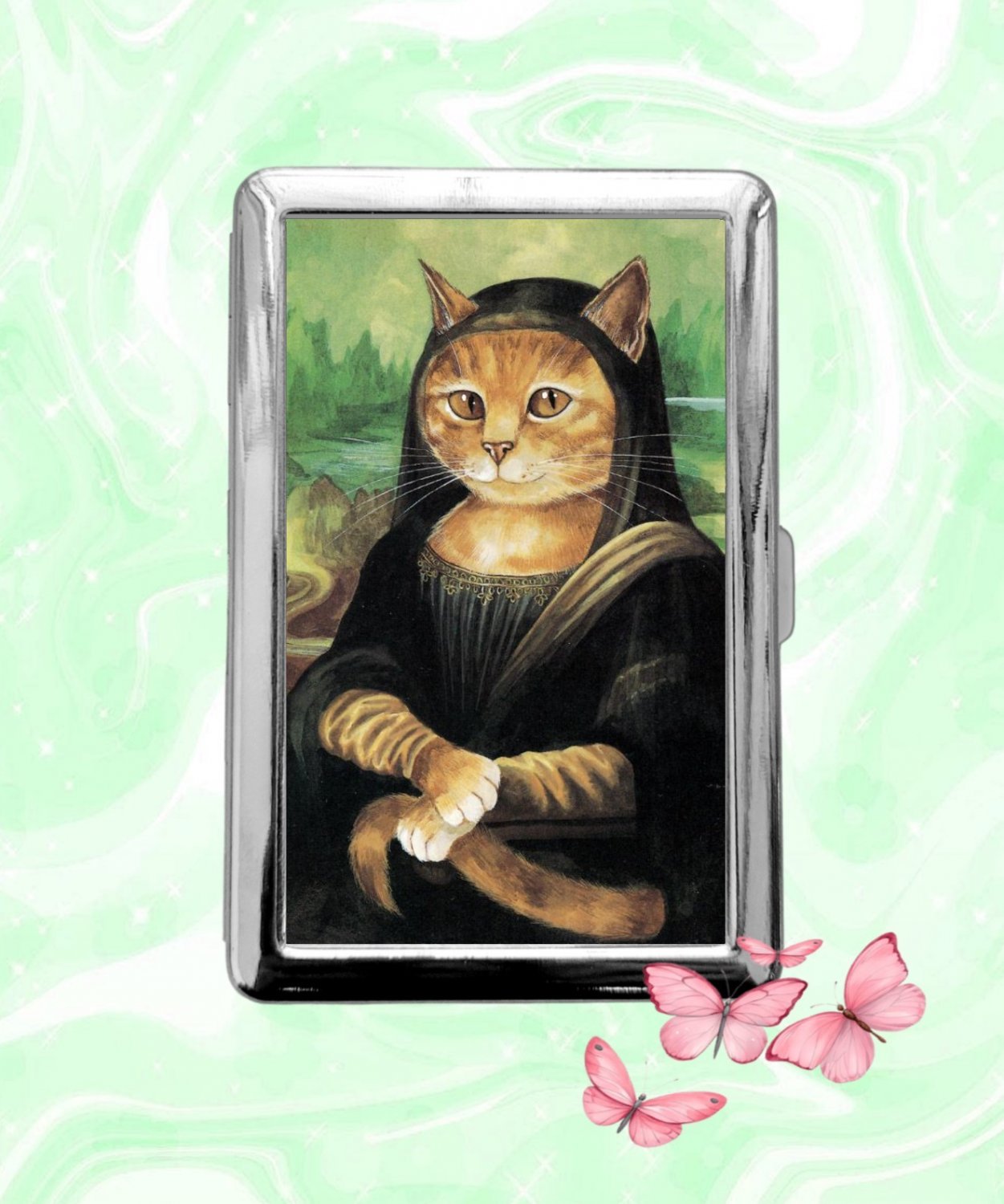 Mona Catsa Cat funny humor Cigarette Case Metal Wallet ID Business Credit Card Money Holder