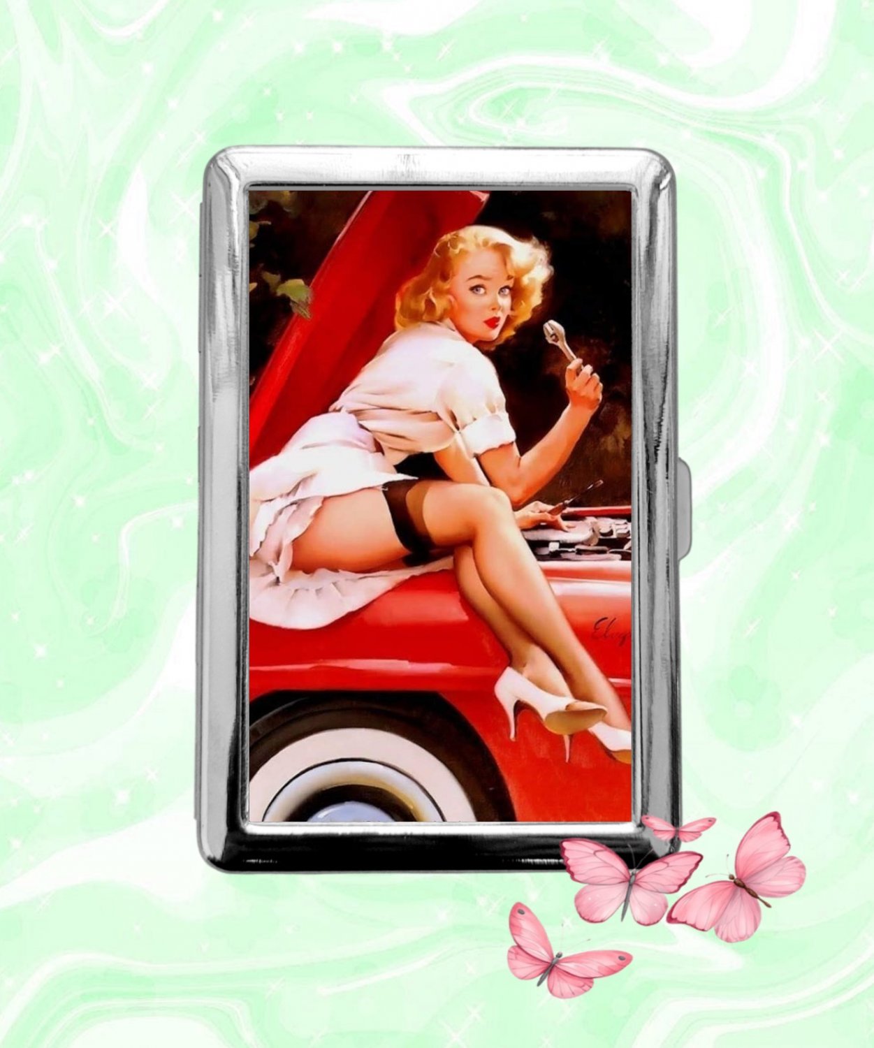 Mechanic Pin Up Girl Cigarette Case Metal Wallet ID Business Credit Card Money Holder