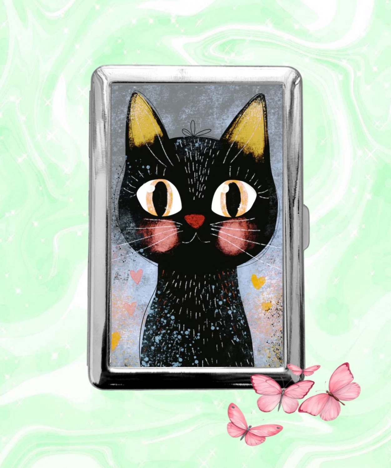 Cute Little Lovely Black Cat Cigarette Case Metal Wallet ID Business Credit Card Money Holder