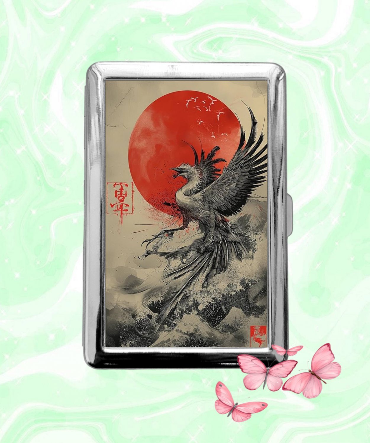 Japanese Phoenix Art Cigarette Case Metal Wallet ID Business Credit Card Money Holder