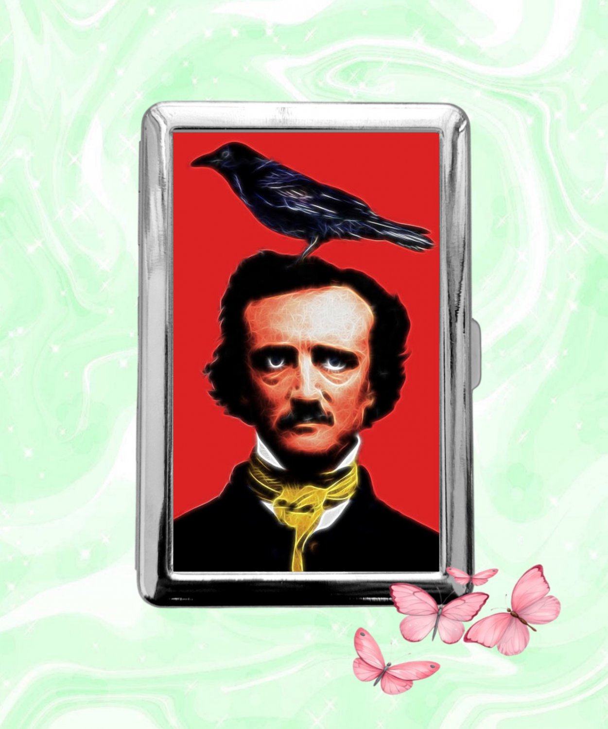 Edgar Allan Poe with Raven Cigarette Case Metal Wallet ID Business Credit Card Money Holder