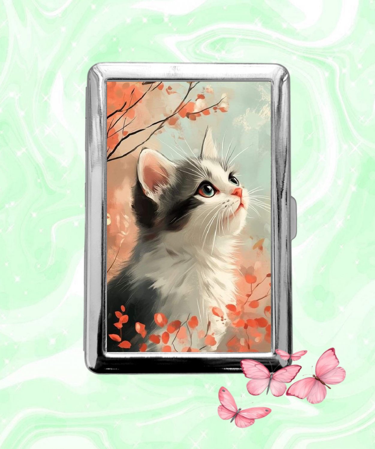 Cute Cat In Tree Art Cigarette Case Metal Wallet ID Business Credit Card Money Holder