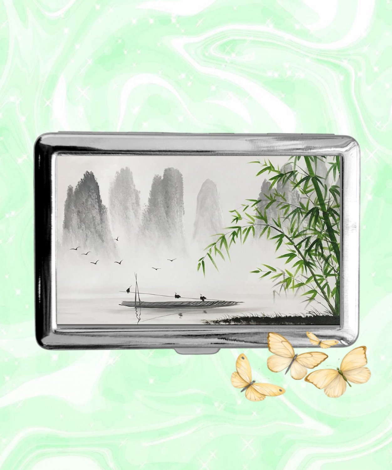 Chinese River and Bamboo art Cigarette Case Metal Wallet ID Business Credit Card Money Holder