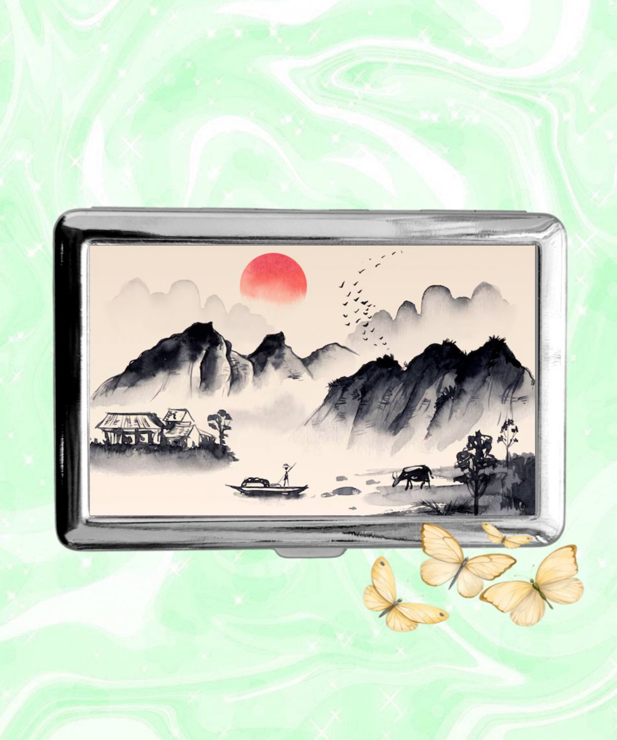 Chinese Mountain Art Cigarette Case Metal Wallet ID Business Credit Card Money Holder