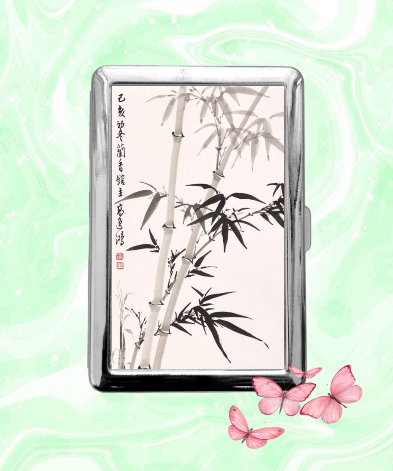 Chinese Bamboo Art Cigarette Case Metal Wallet ID Business Credit Card Money Holder