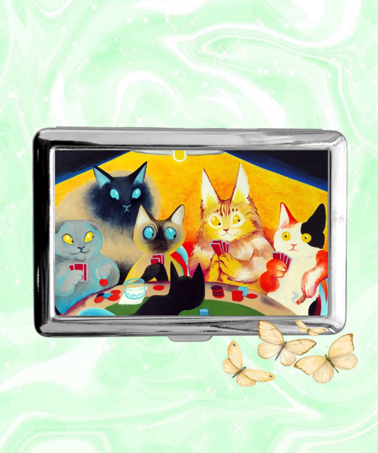 Cats Playing Poker Cigarette Case Metal Wallet ID Business Credit Card Money Holder