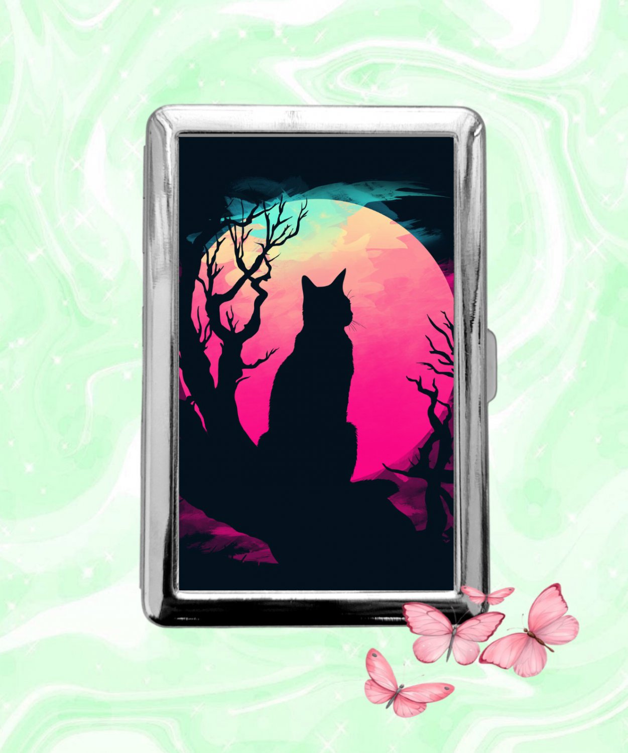 Cat under the moon Cigarette Case Metal Wallet ID Business Credit Card Money Holder