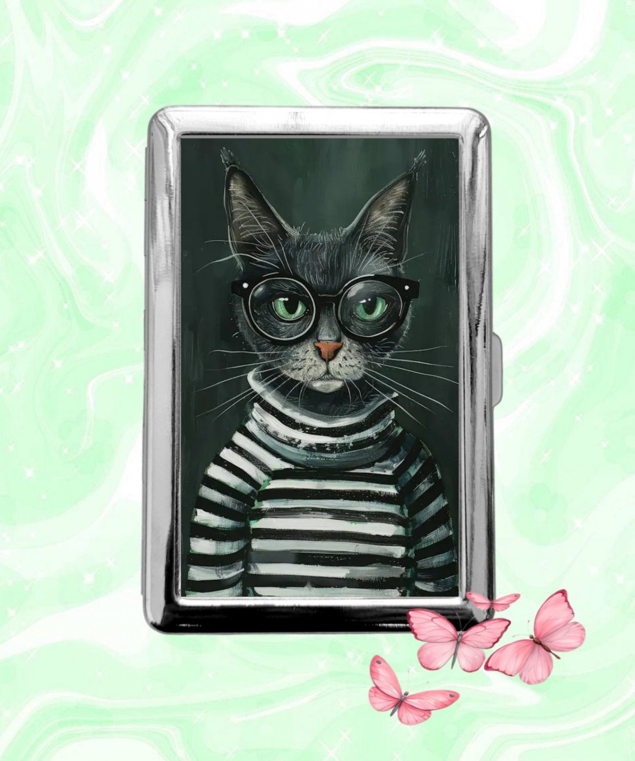 Cat in Glasses Cigarette Case Metal Wallet ID Business Credit Card Money Holder