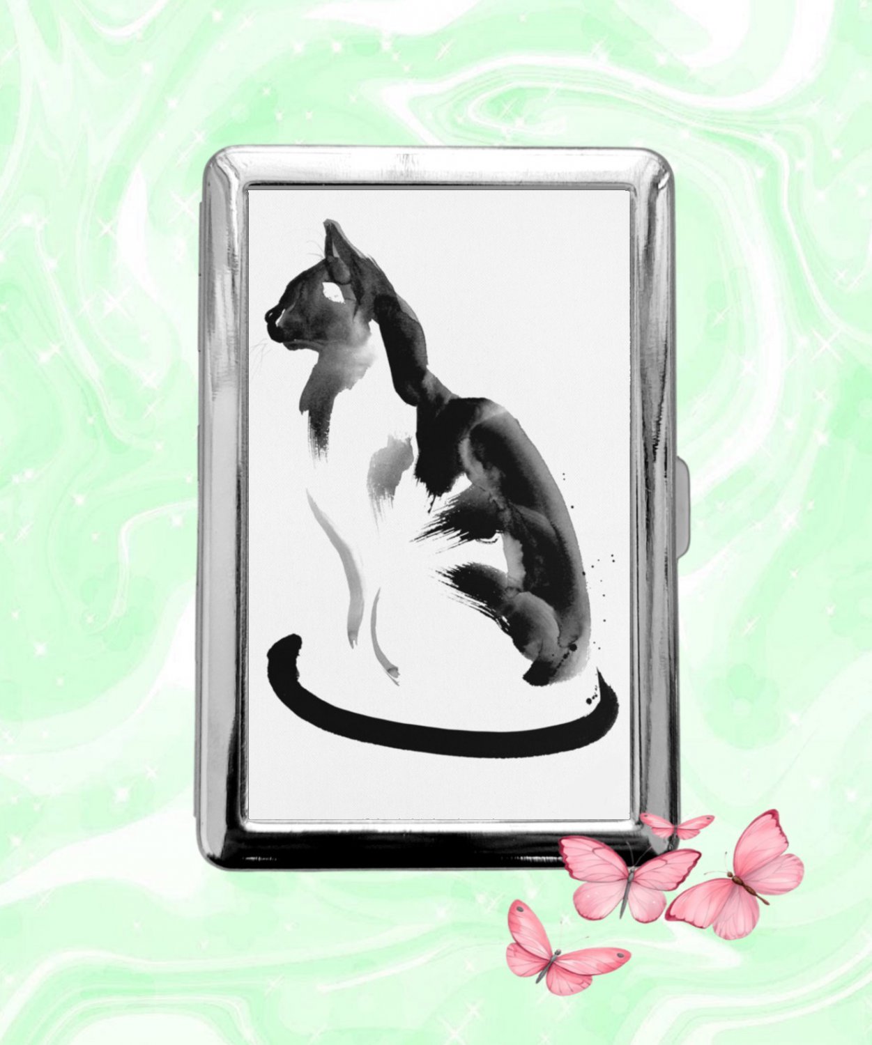 Cat Chinese Ink Style Painting Cigarette Case ID Business Credit Card Holder