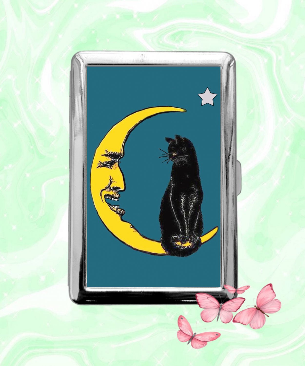 Black Cat on the Yellow Moon Cigarette Case Metal Wallet ID Business Credit Card Money Holder