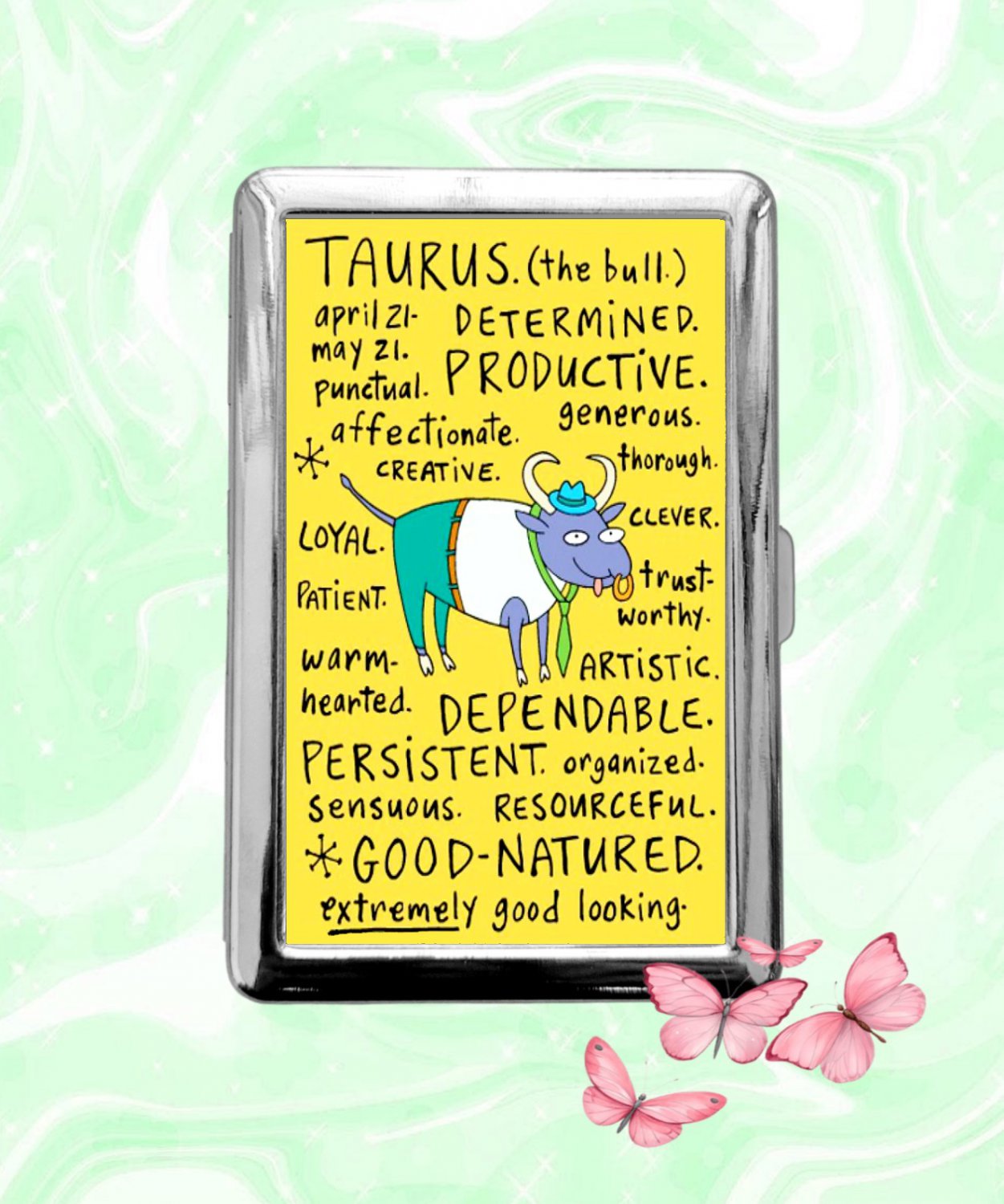 Taurus funny humor Astrology Zodiac Signs Cigarette Case Metal Credit Card Money Holder