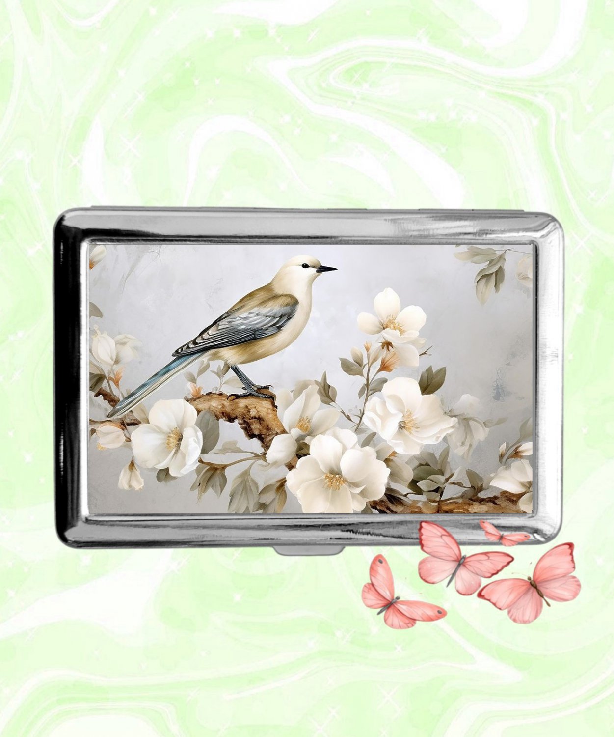 Bird and Blossoms Cigarette Case Metal Wallet Business ID Credit Card Money Clip Holder